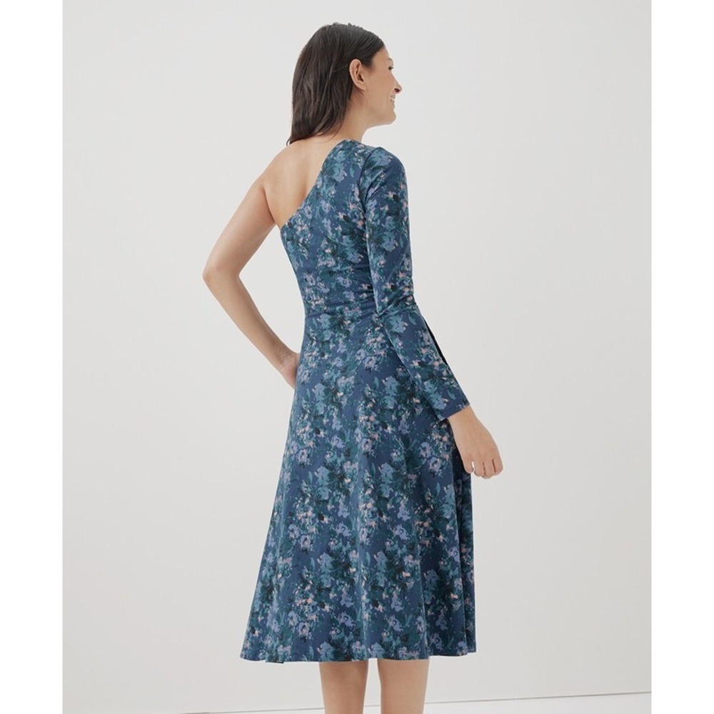 Pact Womens Floral Fit Flare Midi Dress Size L One Shoulder Cottage Romantic Eco
